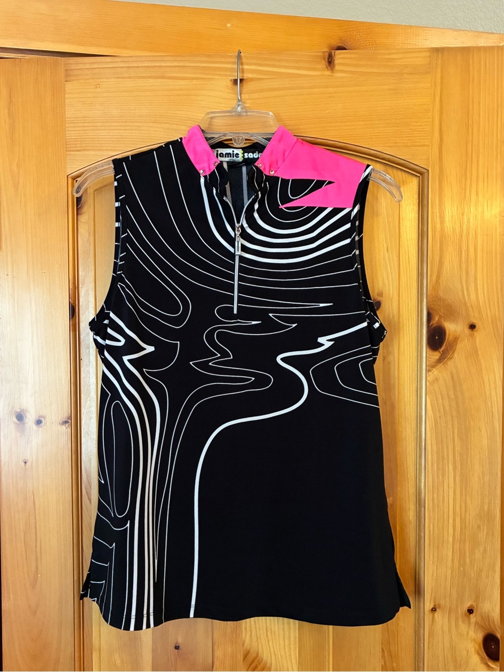 Jamie Sadock Black Golf Top with Hot Pink Collar and White Swirl Print